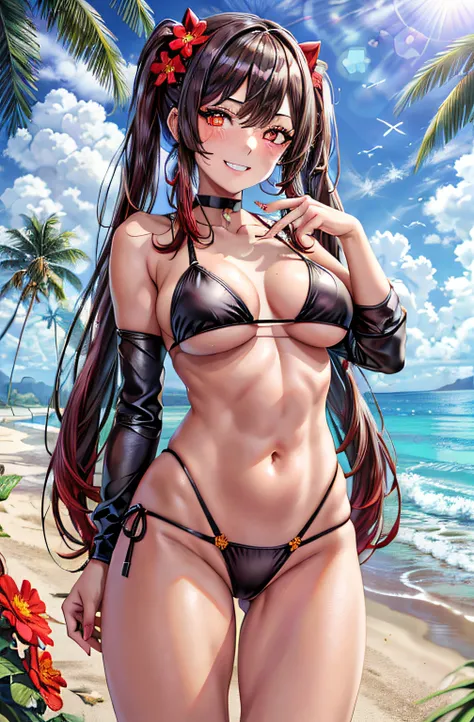 best quality, Ultra High Resolution, 1girl, small black bikini, black choker, ((sarcastic smile)), (long red brown hair:1), ((swollen eyes)), look at me, full body, Smile at me, red eyes, ((flower pupils)), beautiful, on the beach, standing, muscular belly...