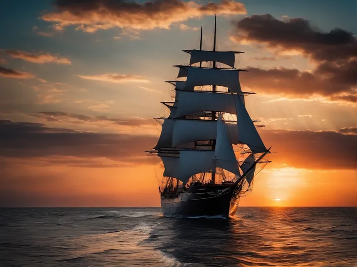 a ship in the ocean with the wind blowing in its favor, sailing calmly, ((clear skys in background, sunset on the sea horizon,