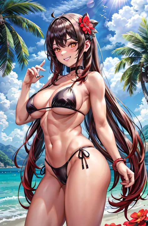 best quality, Ultra High Resolution, 1girl, small black bikini, black choker, ((sarcastic smile)), (happy), (long red brown hair:1), ((swollen eyes)), look at me, full body, Smile at me, red eyes, ((flower pupils)), beautiful, on the beach, standing, muscu...