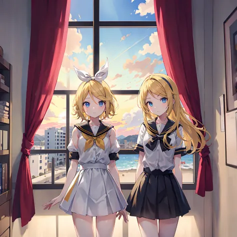 Kagamine Rin , por rubio  , coletas 、ojos rojos、Hermosa chica sola、quimono、una minifalda、aula de escuela 、sentado en pupitre , luz de atardecer (entrando por la ventana , cortinas que se mueven un poco con el viento