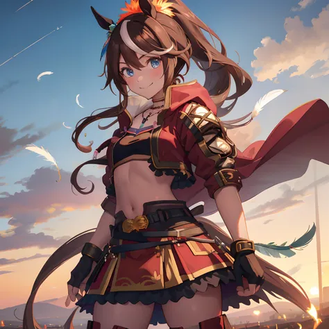 ((masterpiece, best quality)),1girl,Tokai Teio,Tokai Teio(horizon),horse ears,horse girl,brown hair,long hair,high ponytail,streaked_hair,multicolored_hair,blue eyes,jacket,cropped jacket,crop top,midriff,fingerless gloves,short sleeves,navel,skirt,belt,ca...