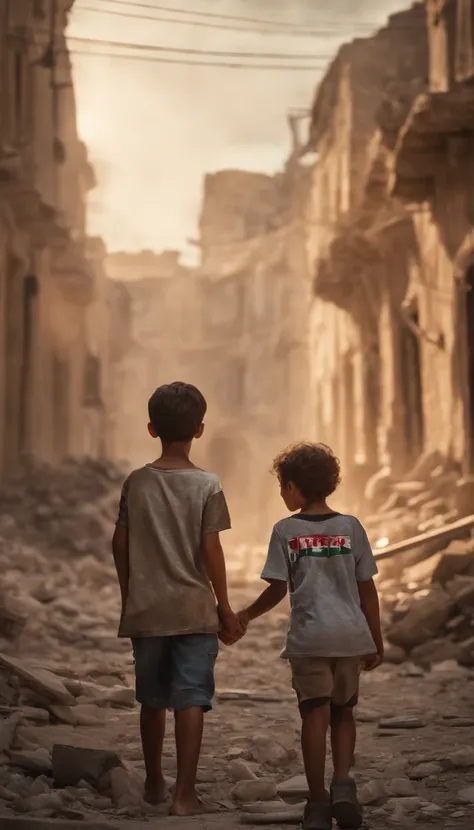 a young girl wearing torn t-shirt with flag of Palestine on shirt is helping a young boy wearing torn t-shirt with flag of Palestine on shirt; both are battered and sad; surrounded by rubble of bombed buildings and smoke and flames from war in the backgrou...