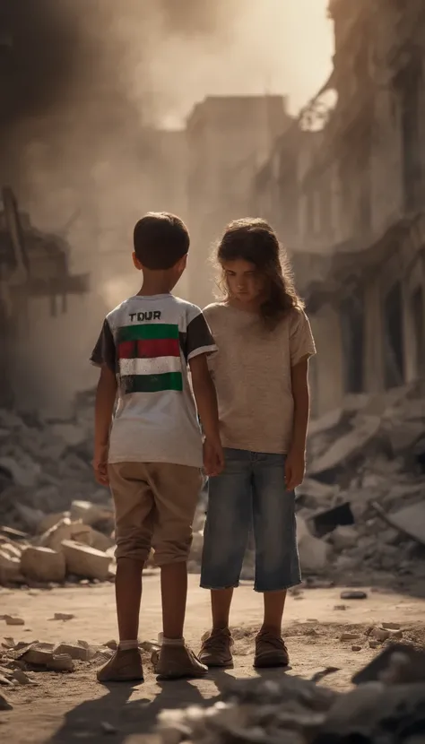 a young girl wearing torn t-shirt with flag of Palestine on shirt is helping a young boy wearing torn t-shirt with flag of Palestine on shirt; both are battered and sad; surrounded by rubble of bombed buildings and smoke and flames from war in the backgrou...