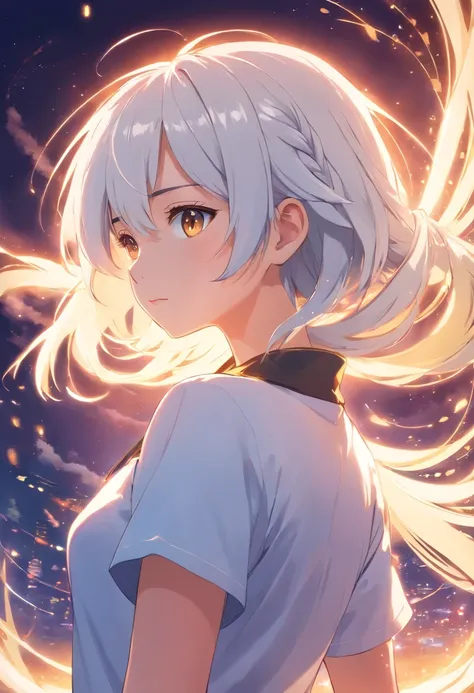 best quality, masterpiece,white hair, gold eyes,white clothes, looking up, upper body,hair strand,Fair skin,side braids