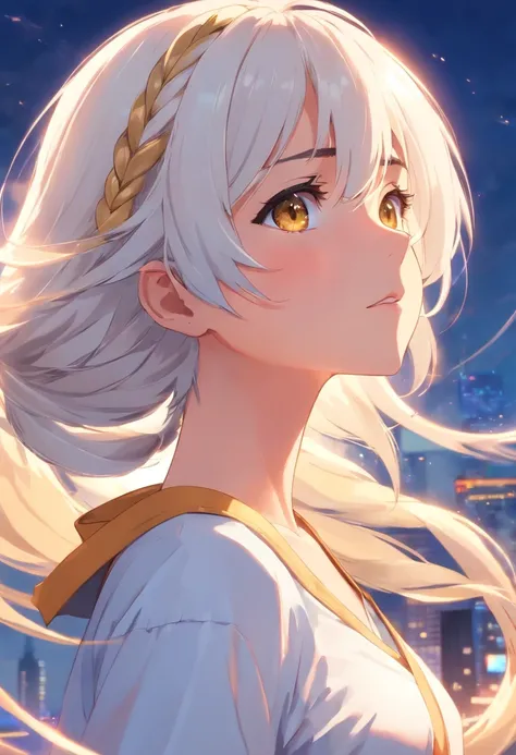 best quality, masterpiece,white hair, gold eyes,white clothes, looking up, upper body,hair strand,Fair skin,side braids