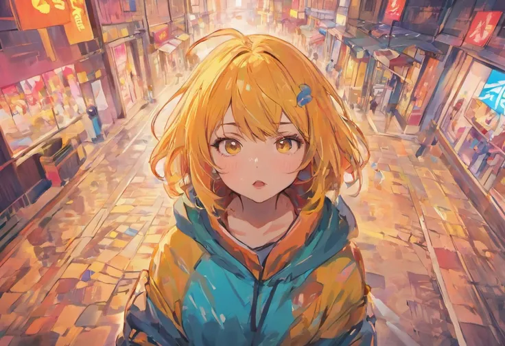 Street culture，scribble art，The walls are sprayed with colorful patterns，A girl crouches in front of the camera，Cool expression，Wearing a yellow sweatshirt，style of anime，Extreme color，extreme hight detail，Master art