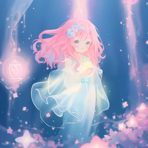 beautiful girl in flowing gradient layered ballgown, flowing pink hair, whimsical fantasia and flowers background, vibrant pastel colors, (colorful), magical lights, magical flowers, flowers, glowing lights, red pink long wavy hair, sparkling lines of ligh...