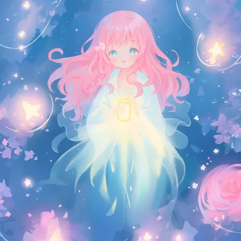 beautiful girl in flowing gradient layered ballgown, flowing pink hair, whimsical fantasia and flowers background, vibrant pastel colors, (colorful), magical lights, magical flowers, flowers, glowing lights, red pink long wavy hair, sparkling lines of ligh...