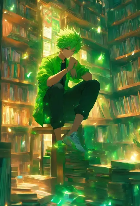 The man is sitting on a chair coolly, he has short green hair, he has bright green eyes, he is wearing a green jacket and shirt, he is wearing black trousers, he is wearing white sneakers, he was in a room, there were lots of bookshelves, led lights, sunli...