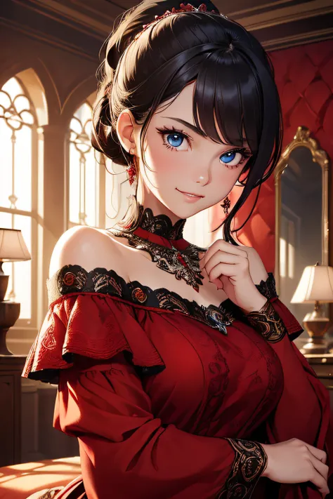 (best quality), (masterpiece), (high resolution), (intricate details:0.2),(professional lighting), room, detailed background, over sized red dress, off shoulder, (previous view), 1girl, solo, (beautiful face:1.40), slim body, fine skin, smile, short ponyta...