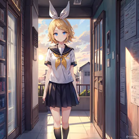 Kagamine Rin , por rubio  , coletas 、ojos rojos、Hermosa chica sola、quimono、una minifalda、aula de escuela 、sentado en pupitre , luz de atardecer (entrando por la ventana , cortinas que se mueven un poco con el viento