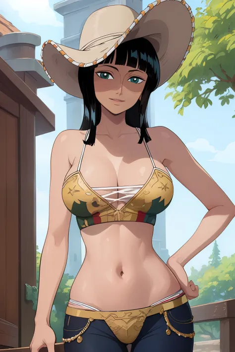 (masterpiece),best quality,Amazing,finely detail.Depth of field,beautiful detailed eyes, nico robin, 1girl,cowboy shot,mature female,happy,light smile,
