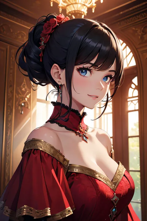 (best quality), (masterpiece), (high resolution), (intricate details:0.2),(professional lighting), room, detailed background, over sized red dress, off shoulder, (previous view), 1girl, solo, (beautiful face:1.40), slim body, fine skin, smile, short ponyta...