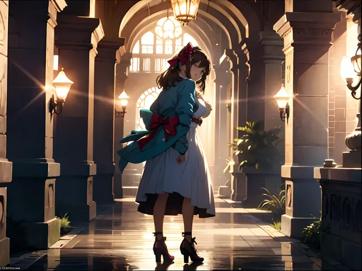 In the mansion，one-girl，Side Body，full bodyesbian，Princess shoes have bows on them，Hand on the wall，Brown hair, Hair Bow, aqua eyes, There are tears on the face，Earrings, anime big breast, Cinematic lighting,  8K, Best quality, A high resolution，Wide shot,...