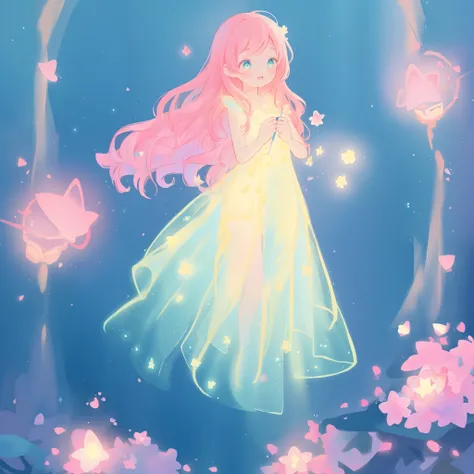 beautiful girl in flowing gradient layered ballgown, flowing pink hair, whimsical fantasia and flowers background, vibrant pastel colors, (colorful), magical lights, magical flowers, flowers, glowing lights, red pink long wavy hair, sparkling lines of ligh...