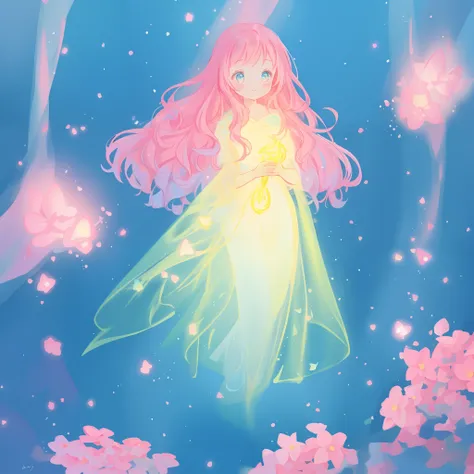 beautiful girl in flowing gradient layered ballgown, flowing pink hair, whimsical fantasia and flowers background, vibrant pastel colors, (colorful), magical lights, magical flowers, flowers, glowing lights, red pink long wavy hair, sparkling lines of ligh...