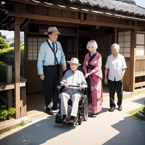 Photo session　photostudio　2 elderly people、1 middle-aged and elderly man　Bright atmosphere　illustratio　japanes　landscapes　cameraman　White Studio