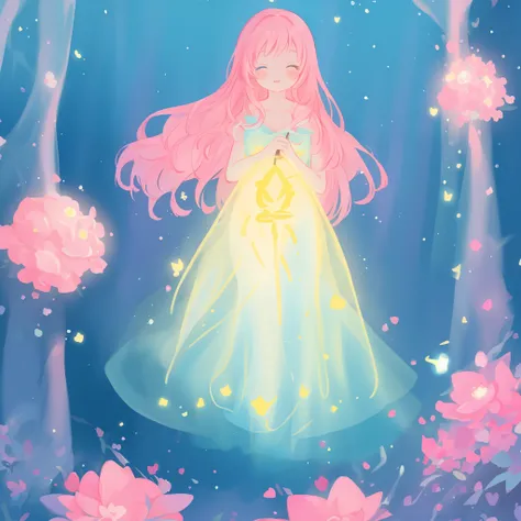 beautiful girl in flowing gradient layered ballgown, flowing pink hair, whimsical fantasia and flowers background, vibrant pastel colors, (colorful), magical lights, magical flowers, flowers, glowing lights, red pink long wavy hair, sparkling lines of ligh...