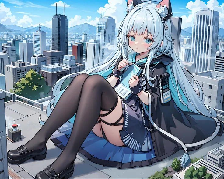 ，Clouds， view over city， mountain ranges， Masterpiece, Best quality, Highly detailed,Masterpiece,Best quality,offcial art,Extremely detailed Cg Unity 8K wallpaper，{{{Giantess}}}，Giant，1girll，{Black stockings}，modern miniature city，A cold expression，Sit on ...