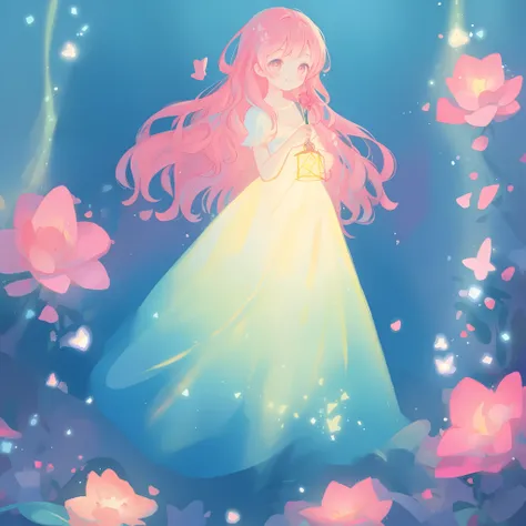 beautiful girl in flowing gradient layered ballgown, flowing pink hair, whimsical fantasia and flowers background, vibrant pastel colors, (colorful), magical lights, magical flowers, flowers, glowing lights, red pink long wavy hair, sparkling lines of ligh...