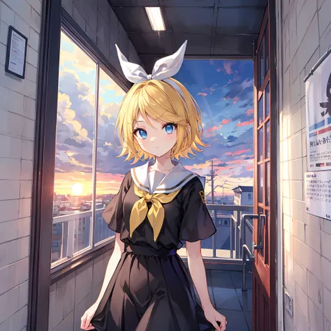 Kagamine Rin , por rubio  , coletas 、ojos rojos、Hermosa chica sola、quimono、una minifalda、aula de escuela 、sentado en pupitre , luz de atardecer (entrando por la ventana , cortinas que se mueven un poco con el viento