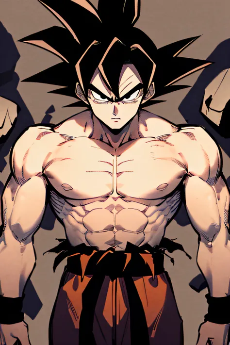 son goku, 1boy, closed mouth, male focus, muscular, muscular male, rock, sash, serious, solo, spiked hair, topless male, torn clothes, ultra instinct, black eyes, black hair, ((masterpiece))