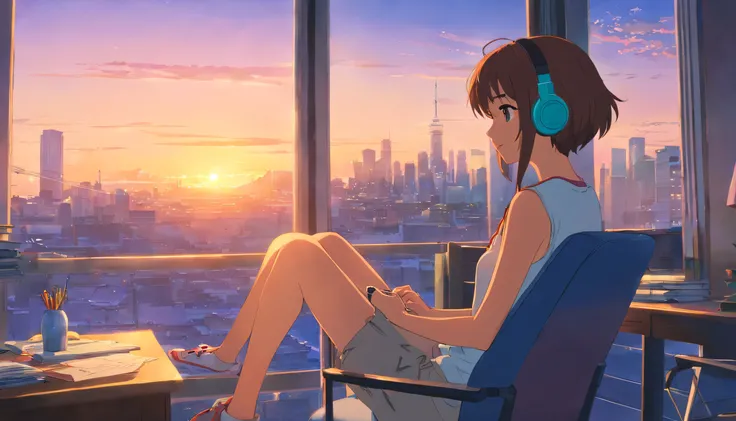 porate、512、Lo-Fi、Girl with headphones sitting in chair、Take a nap at your desk、Eyes closed、City view from the window、early evening、pastelcolor、Painting