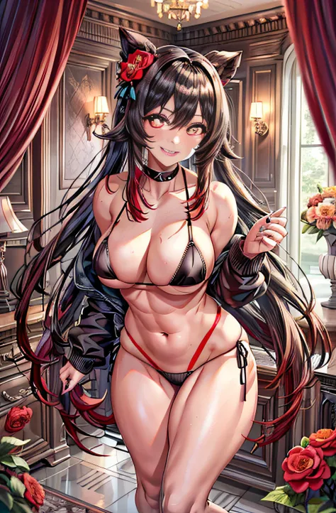 best quality, Ultra High Resolution, 1girl, (((wearing only a black micro bikini))), black choker, ((happy smile)), (long red brown hair:1), ((swollen eyes)), look at me, full body, red eyes, (((flower pupils))), beautiful, in the bedroom, standing, barefo...