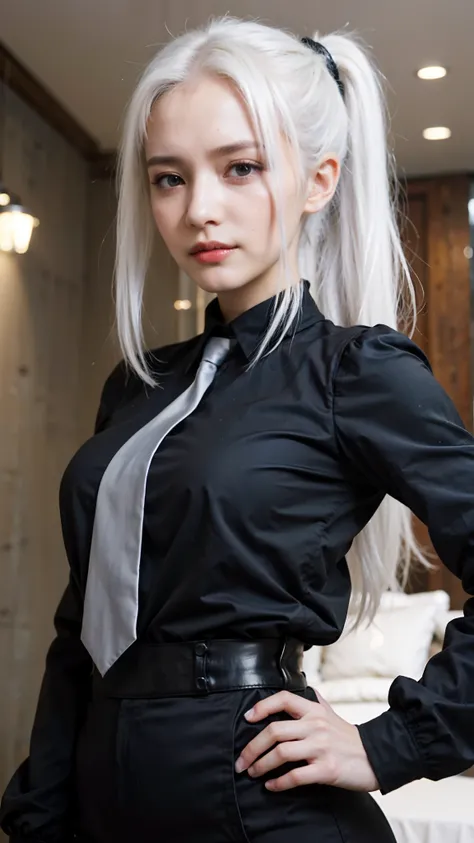 arafed woman in a black shirt and tie posing for a picture, tifa lockhart with white hair, perfect white haired girl, silver hair (ponytail), 2 b, 2b, fine details. girls frontline, white haired, from girls frontline, girl cosplay, white haired lady, High ...