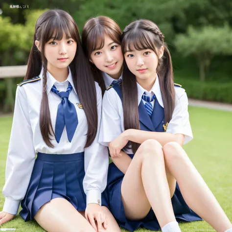 2 girls in、great laughter、Twintail hairstyles,       Braided hairstyle、Close up portrait of woman walking in park in uniform、Japan Person Model、Young Sensual Gravure Idol、Young cute gravure idol、Realistic Young Gravure Idol、Realistic sensual gravure idol、Y...