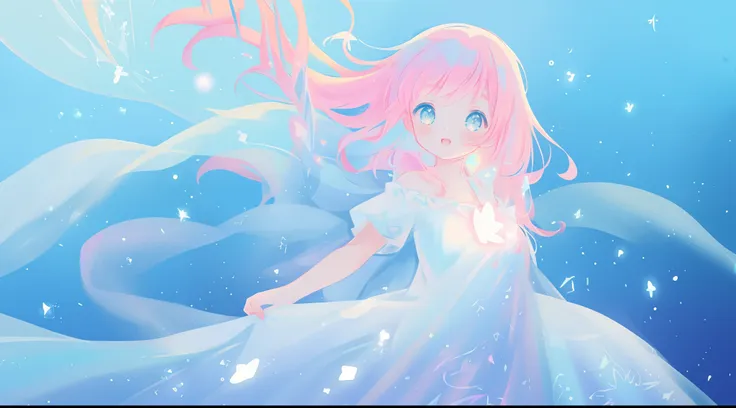 beautiful anime girl in colorful liquid dress, vibrant pastel colors, (colorful), magical lights, sparkling lines of light, insp...