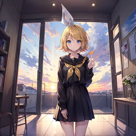 Kagamine Rin , por rubio  , coletas 、ojos rojos、Hermosa chica sola、quimono、una minifalda、aula de escuela 、sentado en pupitre , luz de atardecer (entrando por la ventana , cortinas que se mueven un poco con el viento