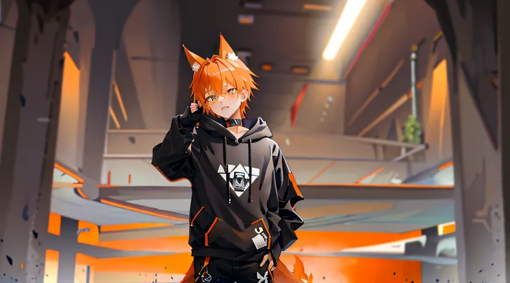 1boy, orange hair, Orange Eyes, wolf ears, wolf tail, Grey hoodie, Black pants, HD, Vibrants, Masterpiece, Sexual, Best Quality, Slim, toned, dead expression, looking up at the camera, naked body