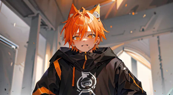 1boy, orange hair, Orange Eyes, wolf ears, wolf tail, Grey hoodie, Black pants, HD, Vibrants, Masterpiece, Sexual, Best Quality, Slim, toned, dead expression, looking up at the camera, naked body