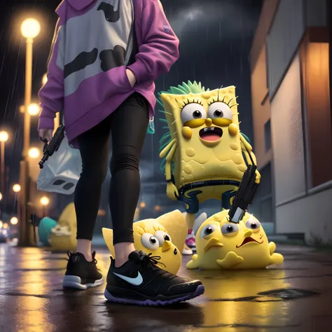 hyper realistic spongebob cartoon in rain at night drinking purple juice out of plastic cup with realistic glock in hand wearing balenciaga black shoes and a black nike tech