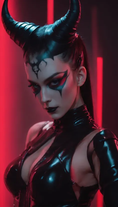 a demon woman with horns dressed in latex leotard posing for a photo, red neon behind her, goth asthetics, very beautiful goth top model, goth woman, dark goth queen, gothic horror vibes, goth girl, darksynth vibes, dark and intricate, gothic and futuristi...