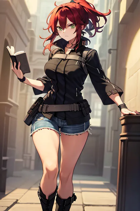 full body, female focus, wearing waistcoat, black booty jeans, tall zipper boots, holding a book, green eyes, x-shaped pupils, r...