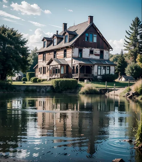 Abandoned house by the lake,landscape, water, (8k wallpaper of extremely detailed CG unit), most beautiful works of art in the world, majestic oil painting professional, intricate, high detail, sharp focus, dramatic and photorealistic painting art