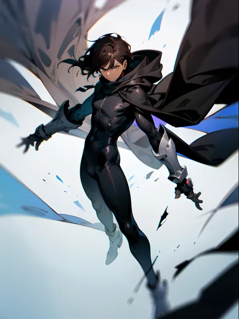 Masterpiece, highres, High quality, Dark skin teen, male, slightly buff, medium dark brown hair hair, big innocent grey eyes, wearing a black full bodysuit, six white long torn scarf, hooded white cloaks, black white battle Gauntlets, dramatic sho, intensi...