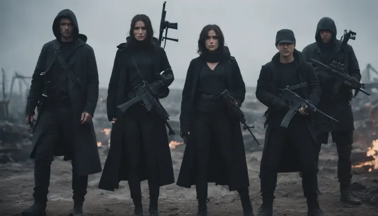 a group of anime styled people wearing all black in a apocalyptic setting holding weapons