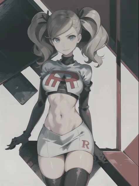 Ann Takamaki - Persona 5, 1girl,team rocket,team rocket uniform,white skirt,crop top, red letter R, black thigh-highs,black elbow gloves,evil smile