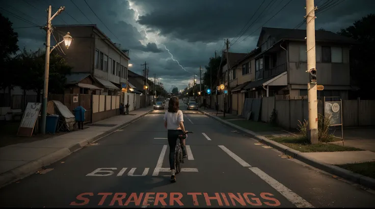 Cidade de Hawking stranger things anos 1980, estilo spilberg, Aerial view, imagem de cima, estilo poster, estilo anos 80, noite de chuva, thunders, Christian Elements, Fede, igreja, cristianismo, stranger things, em tons de azul, Ainda de stranger things, ...