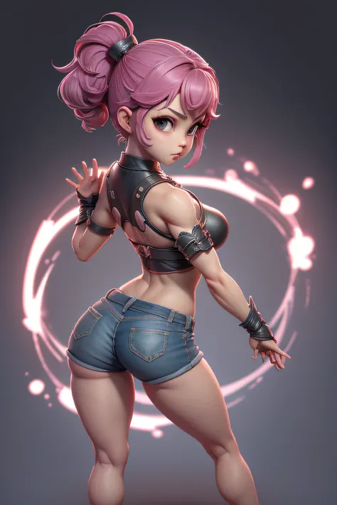 Mini sakura, (Sakura), menina solo, ray tracing, Estilo 3D, 3DMM, ((3 poses por foto)), ((3 poses em cada foto)), corpo inteiro,(Front view),(back vision), (view on the left),shorts muito curto jeans na cintura, mostrar barriga lisa, (((3 poses por foto)))...