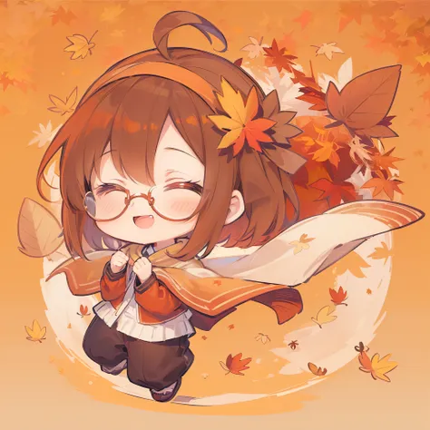 (((masterpiece))), best quality, extremely detailed, (from back), (casual:1.2), (shawl:1.2), (((a girl))), (((solo))), happy, glasses, closed eyes, full body, ahoge, (((deformed))), (((chibi character))), (((autumn background))), (light red background), ((...