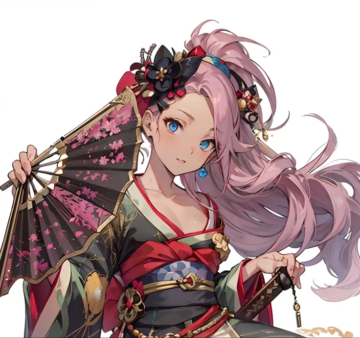 anime mature woman with dark pink hair and a kimono holding a fan, ((Cinderella from SIN O ALICE)), official character art, official art, from SIN O ALICE, cushart krenz key art feminine, onmyoji portrait, detailed art, fan, ((Dark skin))