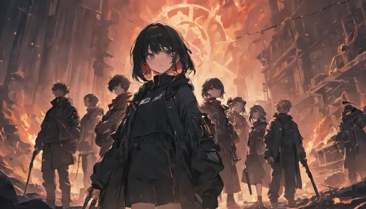 a group of characters wearing all black in a apocalyptic setting holding weapons