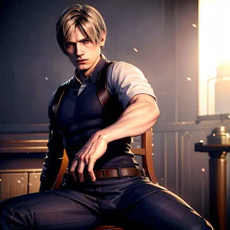 1boy, cowboy shot re4leon, classic white shirt, cool black pants with a belt, sitting on a chair, legs spread, volumetric lighting, trend on Artstation