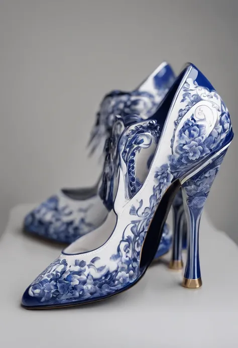 Blue and white porcelain,Ceramic material，leather shoes，artwork of a，Ornaments， high detail,3D， Chiaroscuro, Cinematic lighting, god light, Cinematic lighting, hyper HD, High details, Best quality, A high resolution, Textured skin