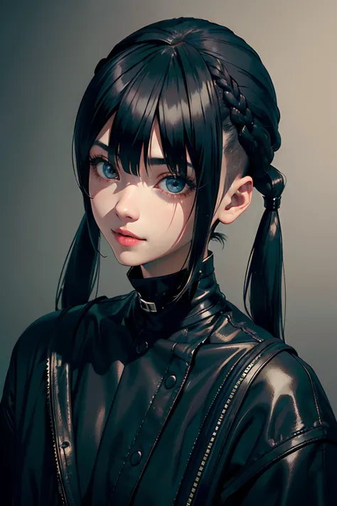 a 20 yo woman、Black blue Hair、long twintail、Big smile、(hi-top fade:1.3)、dark themed、Muted Tones、Subdued Color、highly contrast、(natural skin textures、Hyper-Realism、Soft light、sharp)