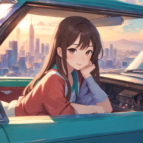 There was a woman sitting down，long hair. young cute wan asian face, dilraba dilmurat,, girl cute-fine face, wan adorable korean face, Beautiful young Japan woman, xintong chen, A smile　BigEyes９0s Style Anime Retro.The background is a big new car